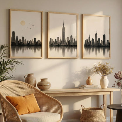 Set of 3 Modern City Skyline Wall Art Paintings for Living Room | Minimalist Urban Cityscape Wall Decor | Neutral Beige Framed Wall Paintings for Bedroom, Office, Hall & Home Decoration (13x19 Inches)