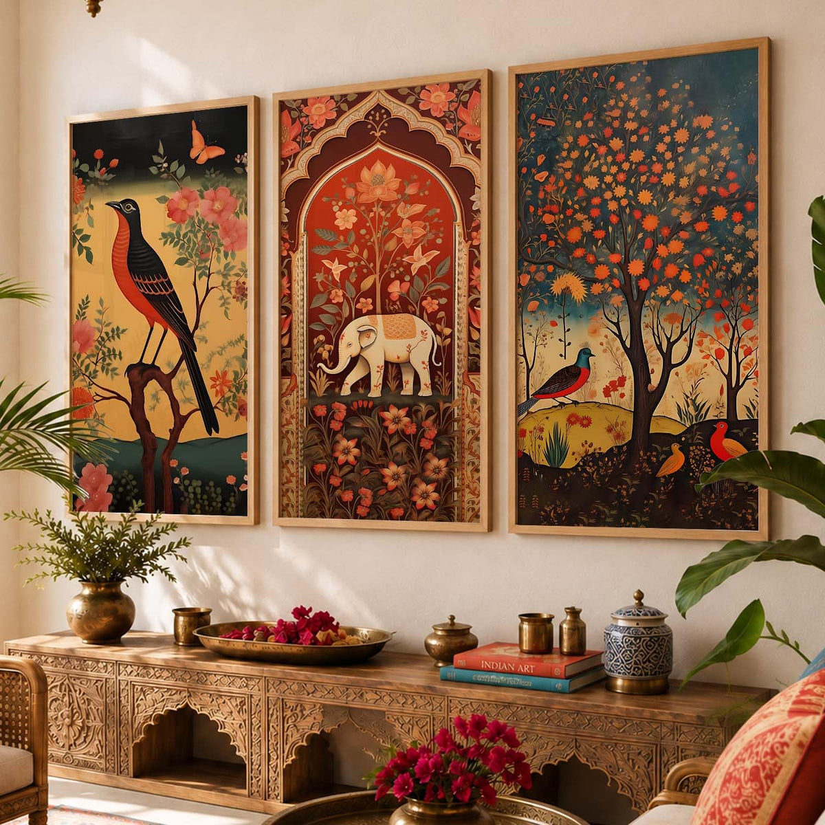 Art Wall Painting Indian Traditional Madhubani Home Decoration With Frame For Living Room Bed Room Hotel Wall Decor Digital Reprint Engineered Wood Set of 3 (Art 3, 10x19 inch)