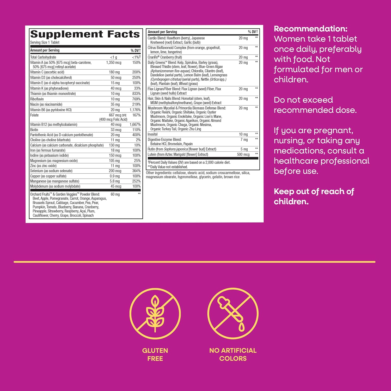 Supplement label with nutritional information and warnings on a purple background