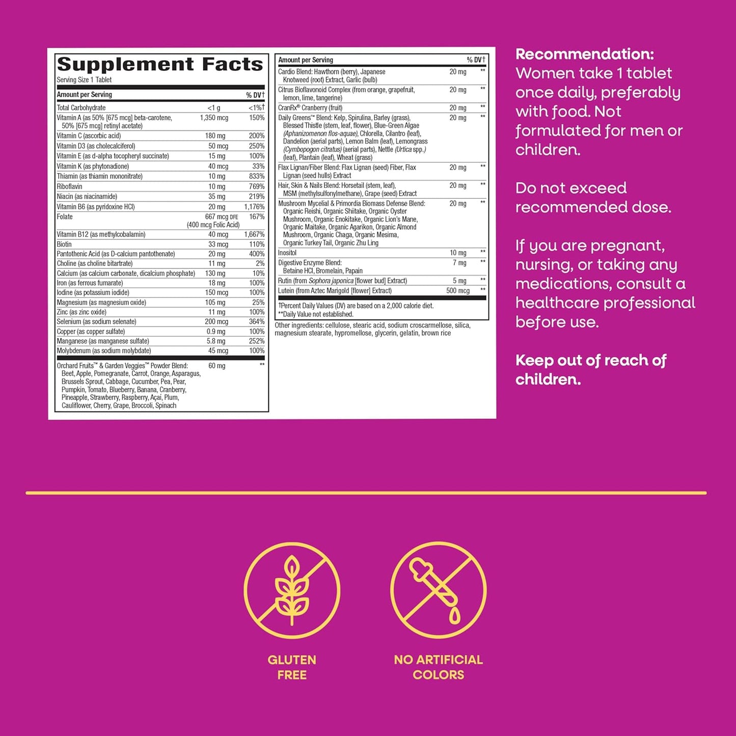 Supplement label with nutritional information and warnings on a purple background