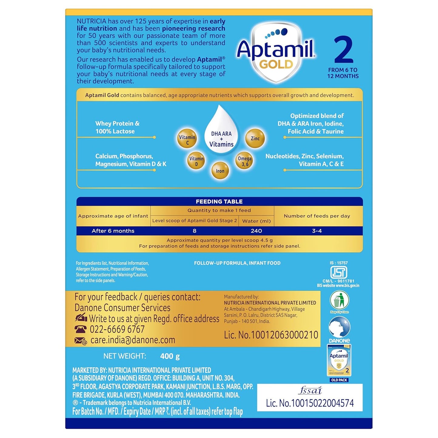 Aptamil Gold 2 Follow up Infant Formula Powder (After 6 months), Stage 2 -400gms -Bag-In-Box
