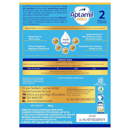 Aptamil Gold 2 Follow up Infant Formula Powder (After 6 months), Stage 2 -400gms -Bag-In-Box