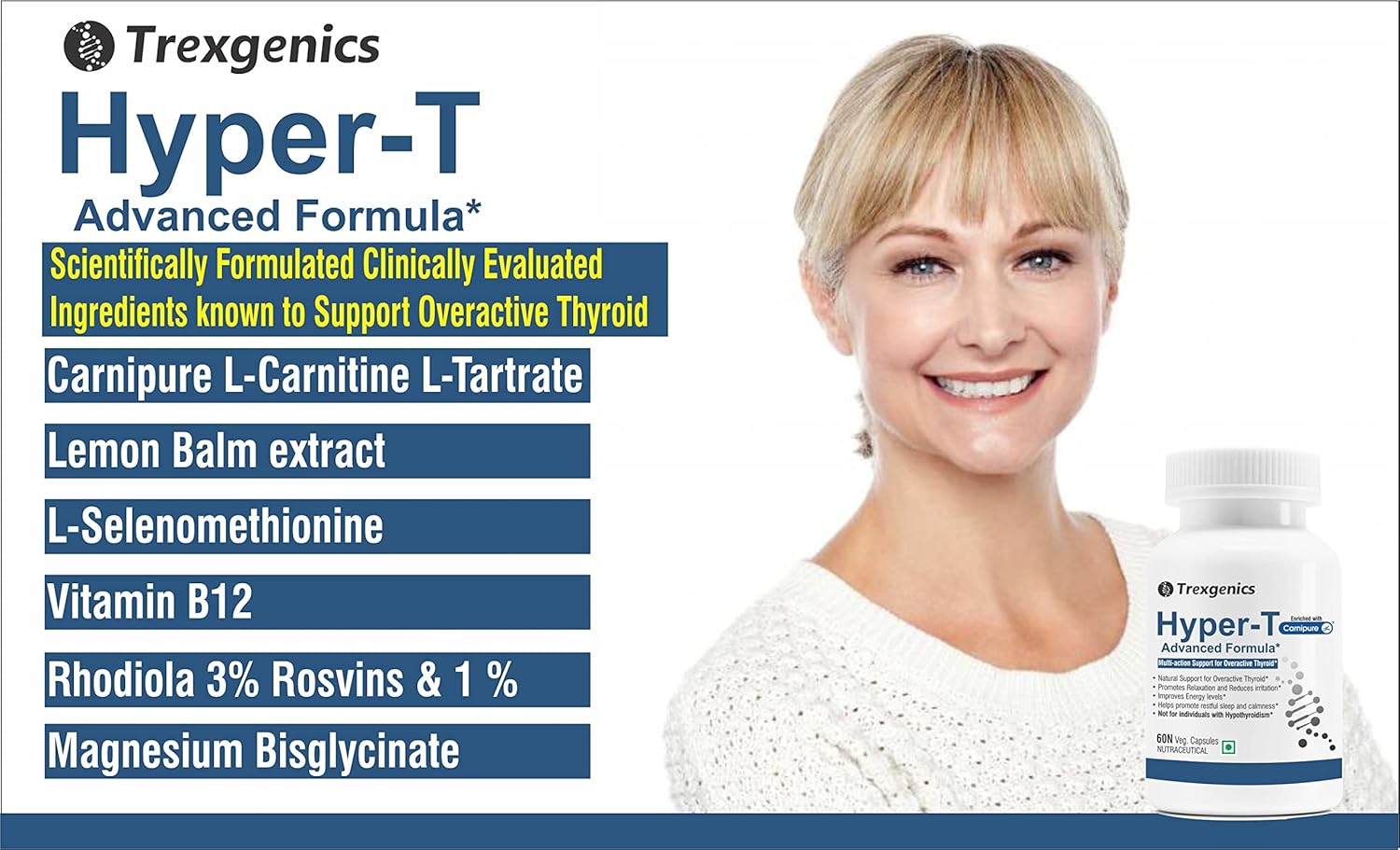 Advertisement for Trexigenics Hyper-T Advanced Formula with a woman and product packaging.
