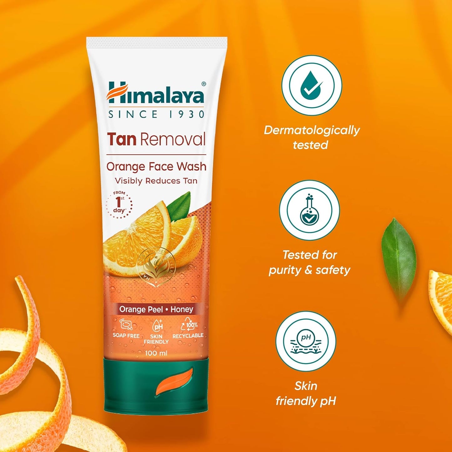 Himalaya Tan Removal Orange Face Wash tube on an orange background with product features highlighted.