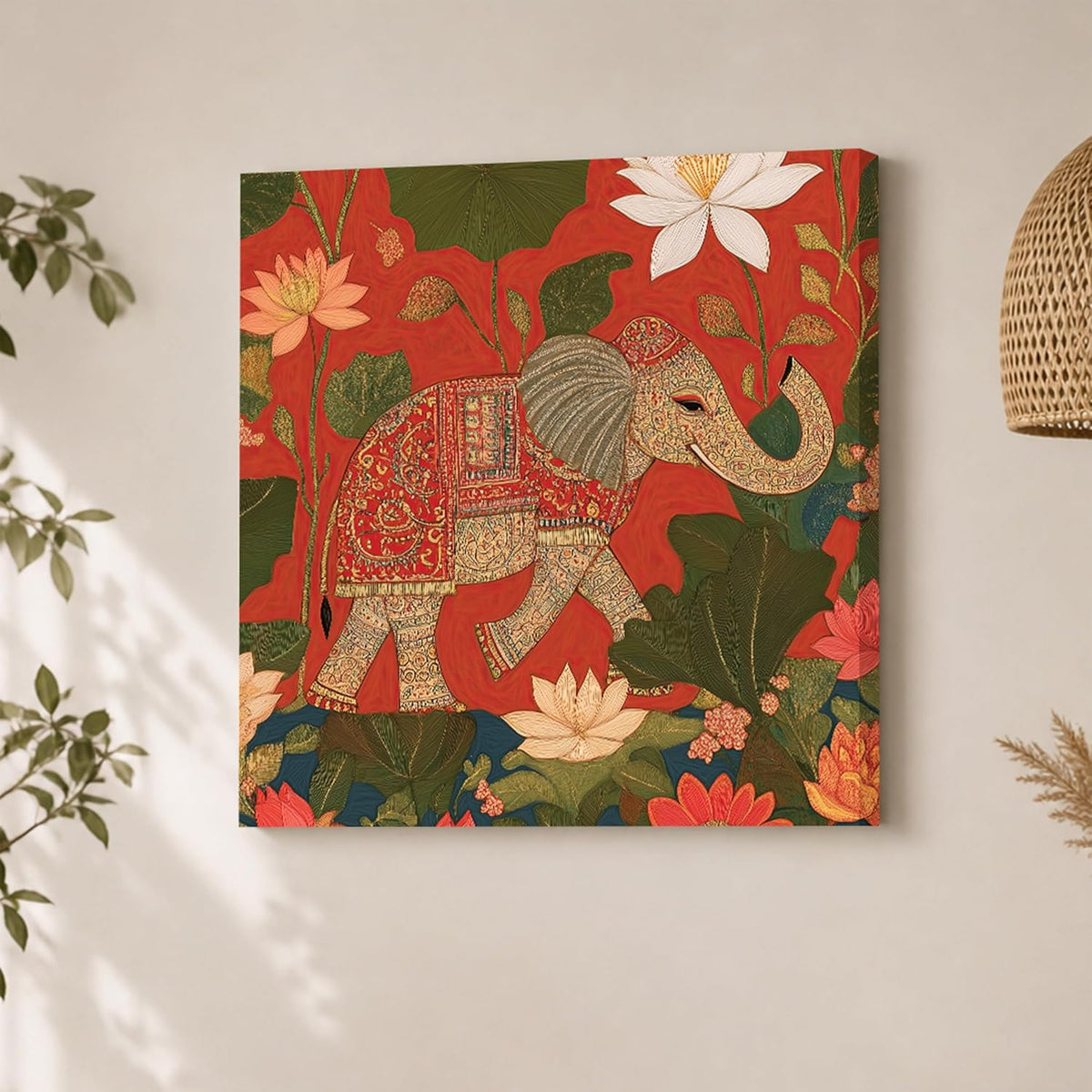 Royal Elephant Lotus Stretched Canvas Painting for Living Room | Traditional Pichwai Elephant Wall Décor Art For Livingroom, Bedroom, Office, Hallways - 16x16 Inch