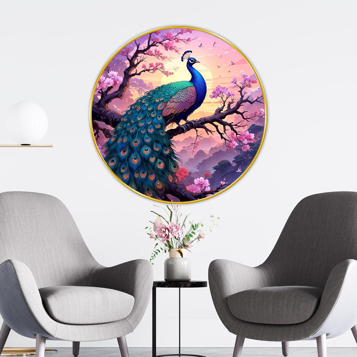 Peacock modern art Premium Sparkle lamination Golden Slim Frame 50.8 cm x 50.8 cm Large Size, For Home/Office/Hotel painting GRL116
