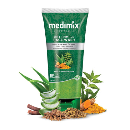Medimix Anti Pimple Face Wash packaging with natural ingredients on a white background