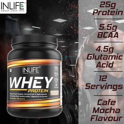 INLIFE Whey Protein Powder, Blend of Isolate Concentrate Hydrolysate Powder, Sports Nutrition Workout Drink, Muscle Food, Body Building Supplement for Men Women (Cafe Mocha, 400g)
