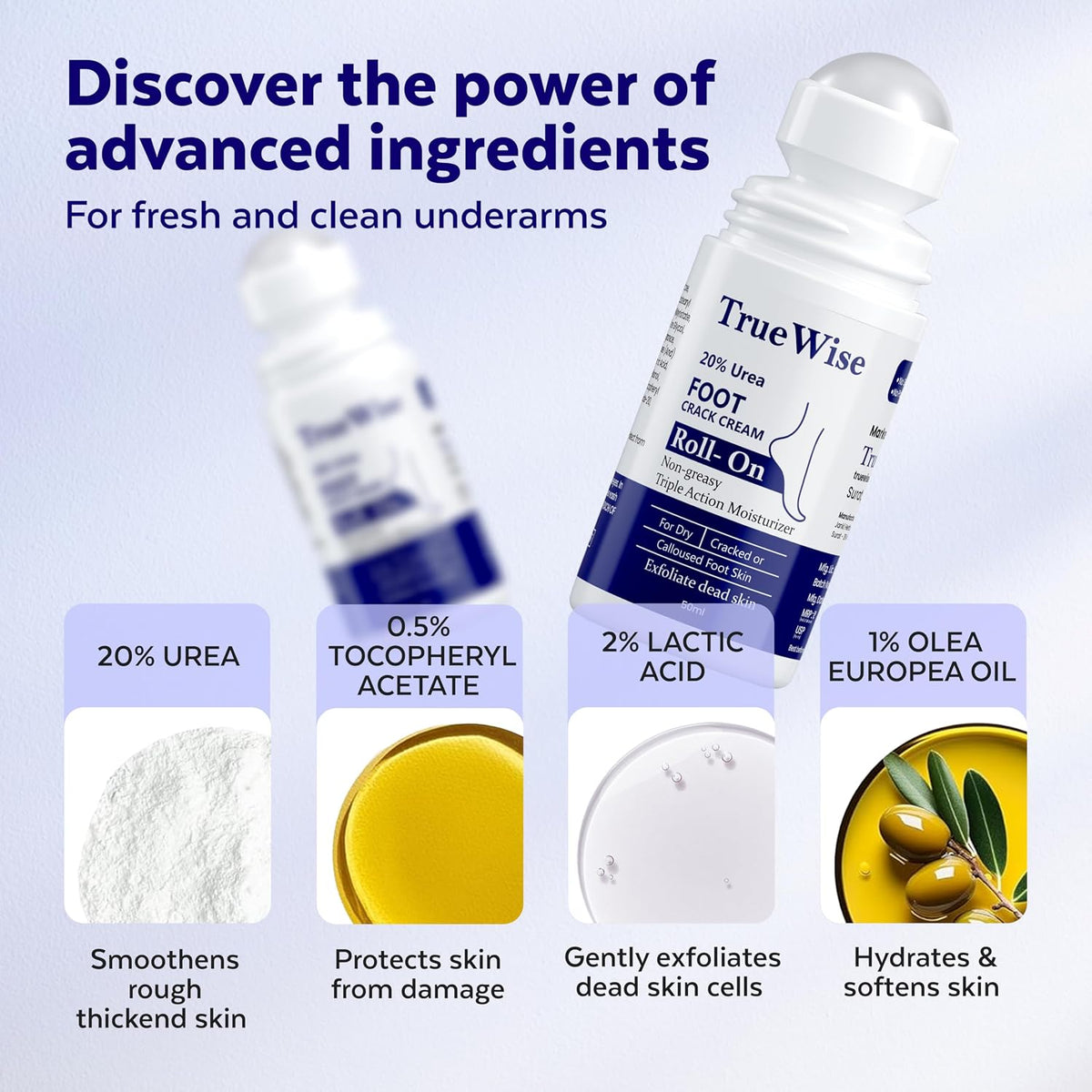 TrueWise 20% Urea Crack Heel Repair Foot Cream Roll On 50ml Foot Cream For Dry And Cracked Feet With 2% Lactic Acid, Olive Oil & Vitamin E | Help Heel Repair and Moisturise Cracked Heels