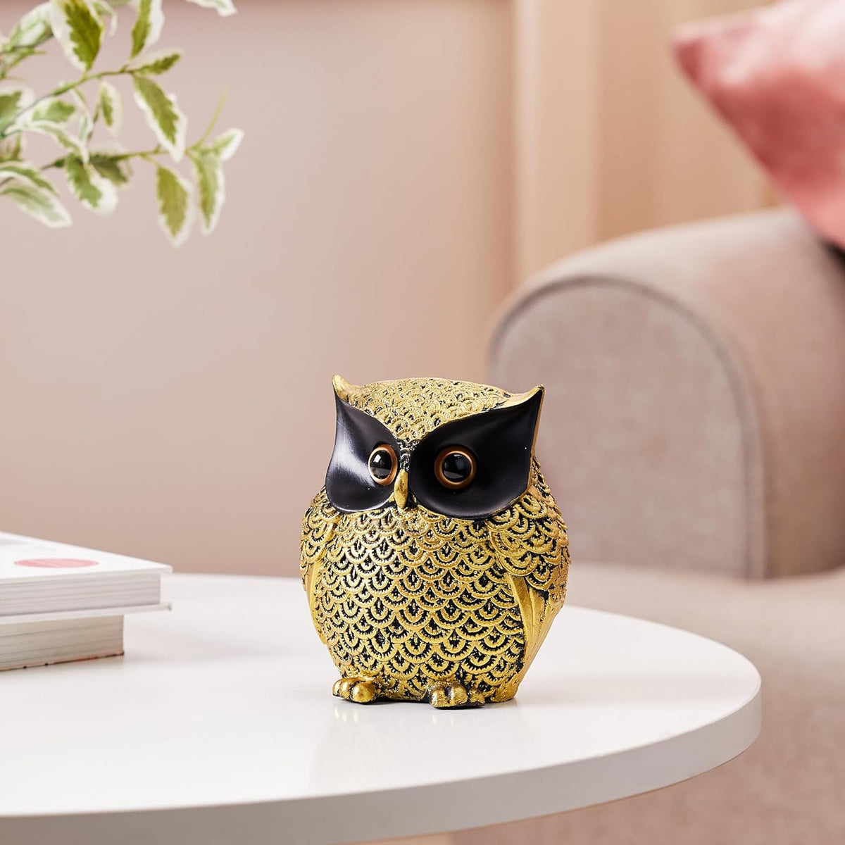 Modern Classy Happy Owl Resin Art Figure Handicraft Resin Showpiece (Pack of 1, Black and Golden)