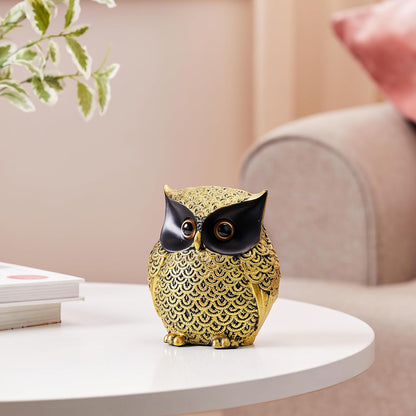 Modern Classy Happy Owl Resin Art Figure Handicraft Resin Showpiece (Pack of 1, Black and Golden)