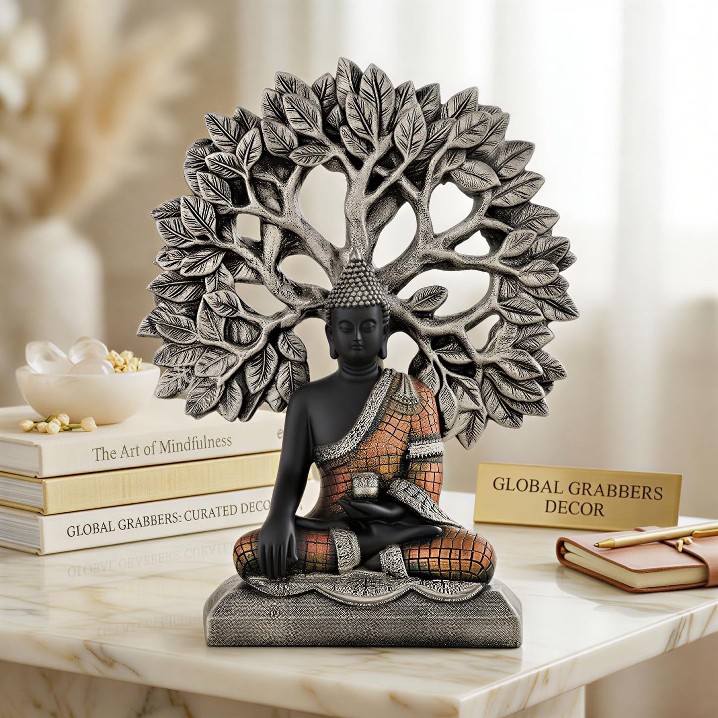 Global Grabbers Buddha Statue Showpiece Idol Home Decor Decoration Items for Living Room and Gifts (Silver Black Copper)