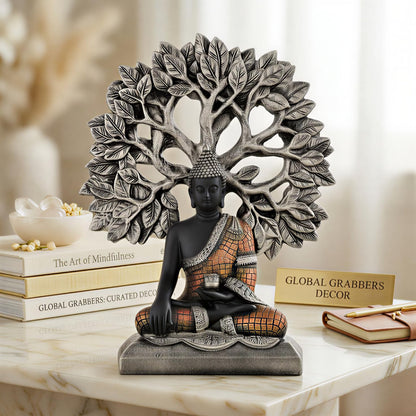 Global Grabbers Buddha Statue Showpiece Idol Home Decor Decoration Items for Living Room and Gifts (Silver Black Copper)