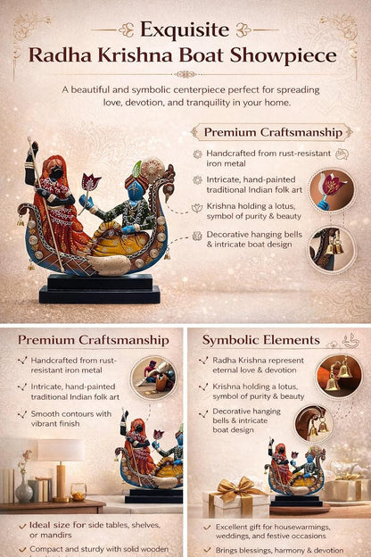 Radha Krishna Boat Showpiece for Home Decor | Iron Metal Decorative Idol with Wooden Base | 15 Inch Spiritual Statue for Living Room, Bedroom, Temple & Gifting