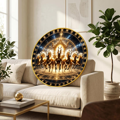Om Golden Horse Vastu Round Wall Painting with Premium PVC Golden Frame, Zodiac Chakra Spiritual Art for Living Room Office Home Decor Gift (20 x 20 Inch) GRL-444