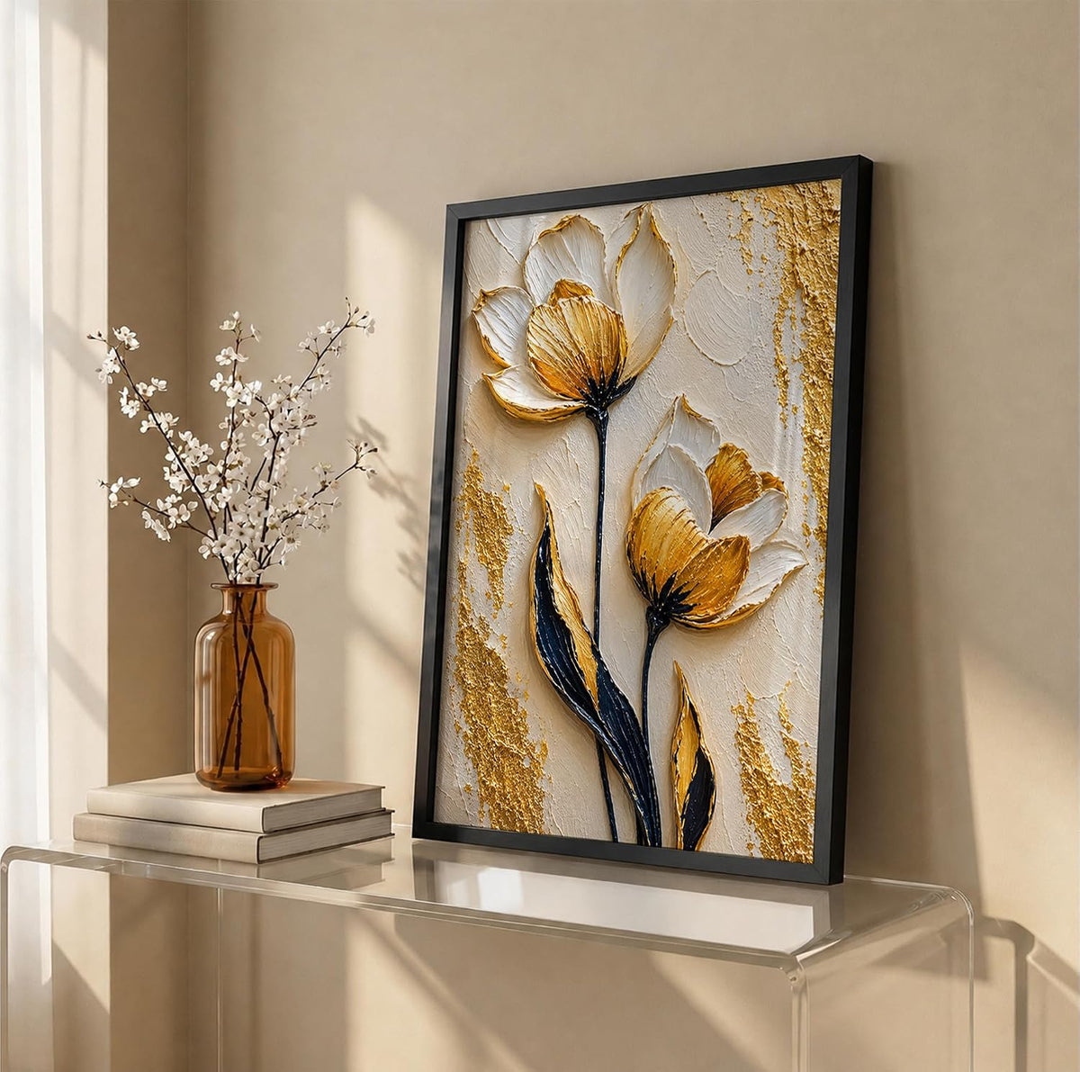 White Gold Flowers Framed Wall Art, Black, 10x13 Inches