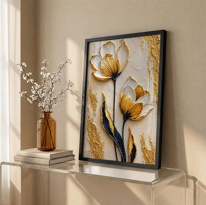 White Gold Flowers Framed Wall Art, Black, 10x13 Inches