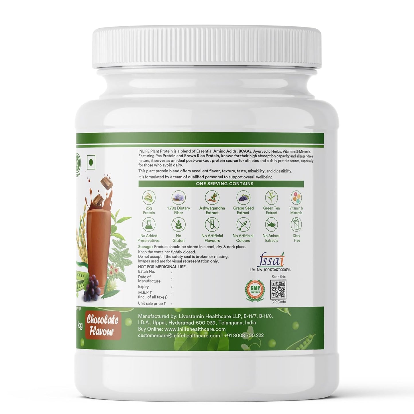 INLIFE Plant Protein Powder - Pea, Quinoa & Brown Rice - 25g Protein - Ashwagandha, Green Tea & Grape Seed Extract - Digestive Enzymes Bodybuilding Supplement (1kg, Chocolate)