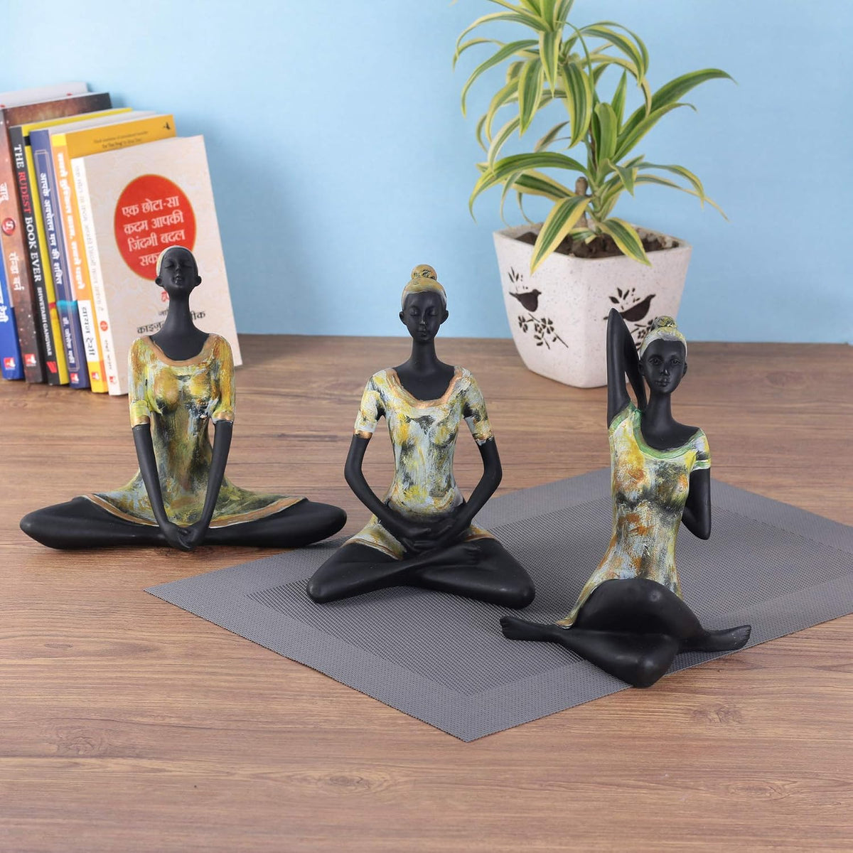 Resin Yoga Lady Showpiece For Home Decor & Office Decor (Set of 3), Multi Colour, figures
