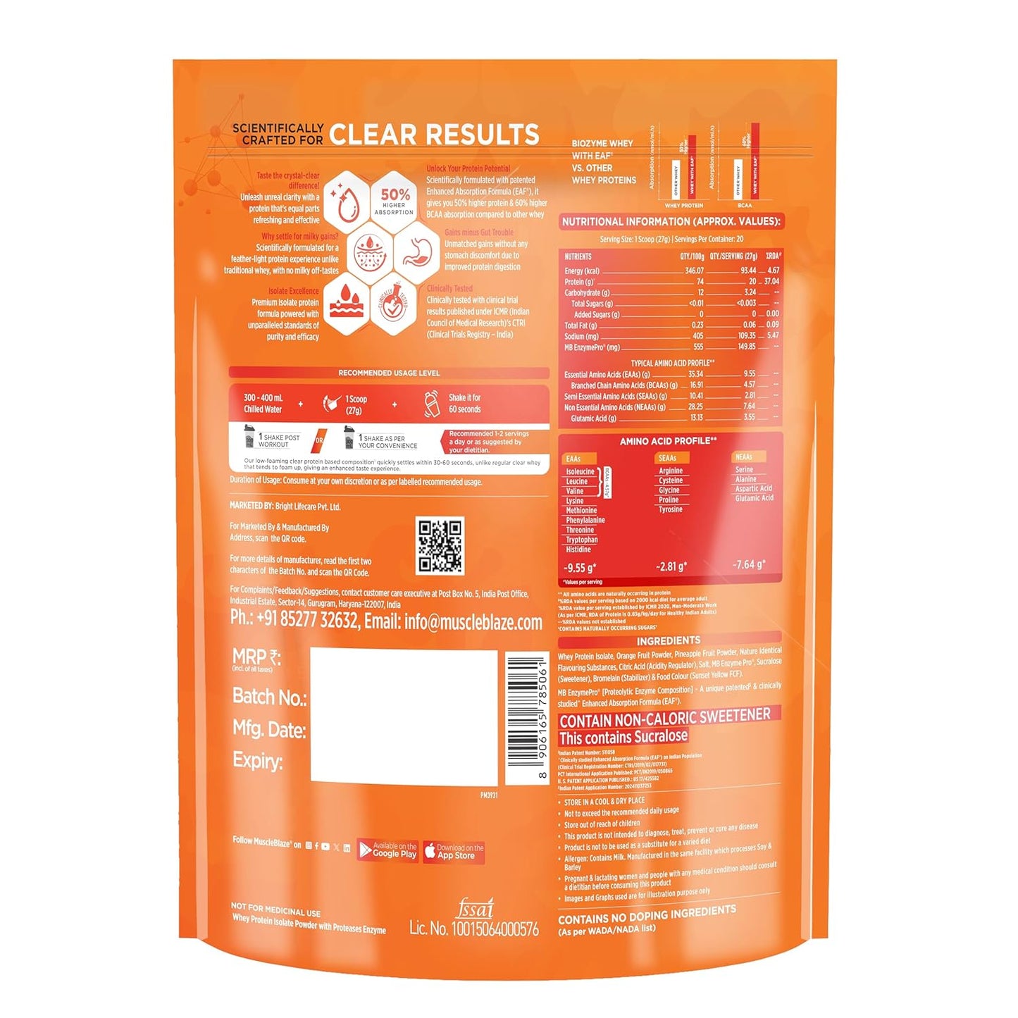 MuscleBlaze Biozyme Clear Whey Protein Isolate | 20g Protein, 92 Calories, Zero Added Sugar (Icy Orange Flavour, 20 Servings)