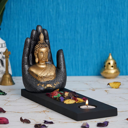 eCraftIndia Grey Golden Resin Palm Buddha Statue Tea Light Candle Holder | Lord Buddha Idol Tea Light Holder | Diwali Decoration Items for Home Decor | Buddha Showpiece Gift for Diwali Housewarming