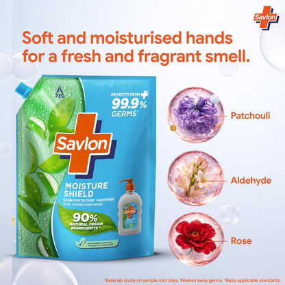 ITC Savlon Moisture Shield Germ Protection Liquid Handwash Refill Pack 1.3L | 99.9% Germ Protection | 90% Natural Origin Ingredients | Family Size Refill Hand wash | Value Pack