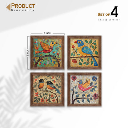 Multicolor Birds Wall Art Painting for living room, birds flower Framed painting, set of 4, 9x9 Inch