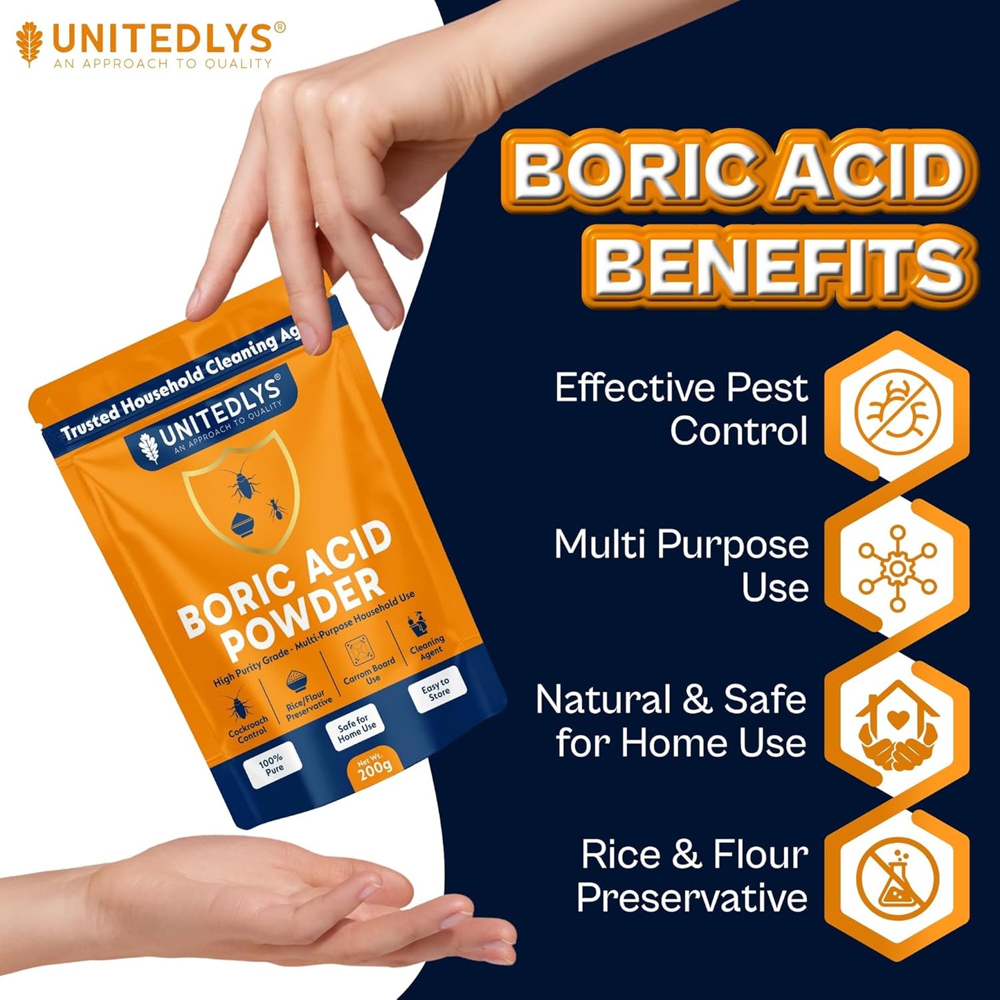 Unitedlys 200g Boric Acid Powder for Cockroaches Control | Multi Purpose Cleaner Powder for Household Cleaning, Carrom Board Use & Rice Storage Protection | Effective & Safe Stain Remover for Kitchen