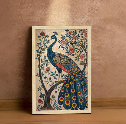 Peacock Painting For Wall Vastu with Frame for Home Decoration, Madhubani Painting for Living Room, 12.0 X 18.0 inches, Set Of 1