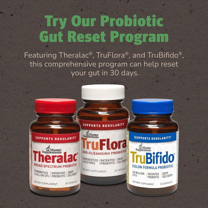 Three probiotic supplement bottles with labels for Theralac, TruFlora, and TruBifido on a dark background.