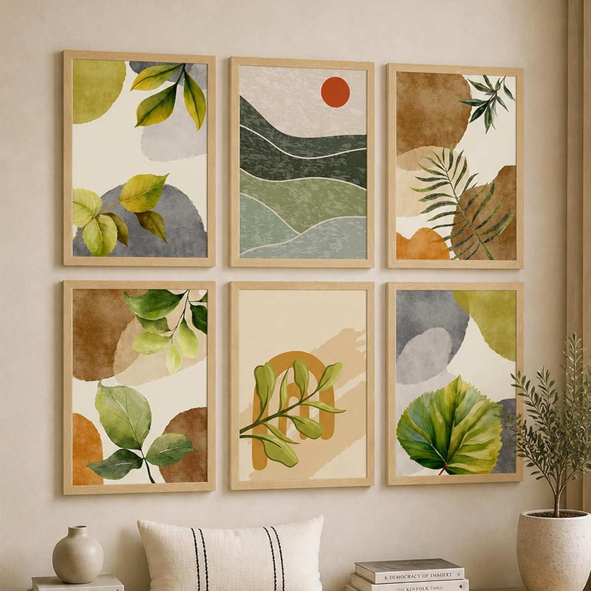 Botanical Abstract Framed Painting Wall Art Set of 6 | Green Leaf & Landscape Prints | Soft Neutral Tones | Engineered wood Frame Wall Décor, (Size: A3)