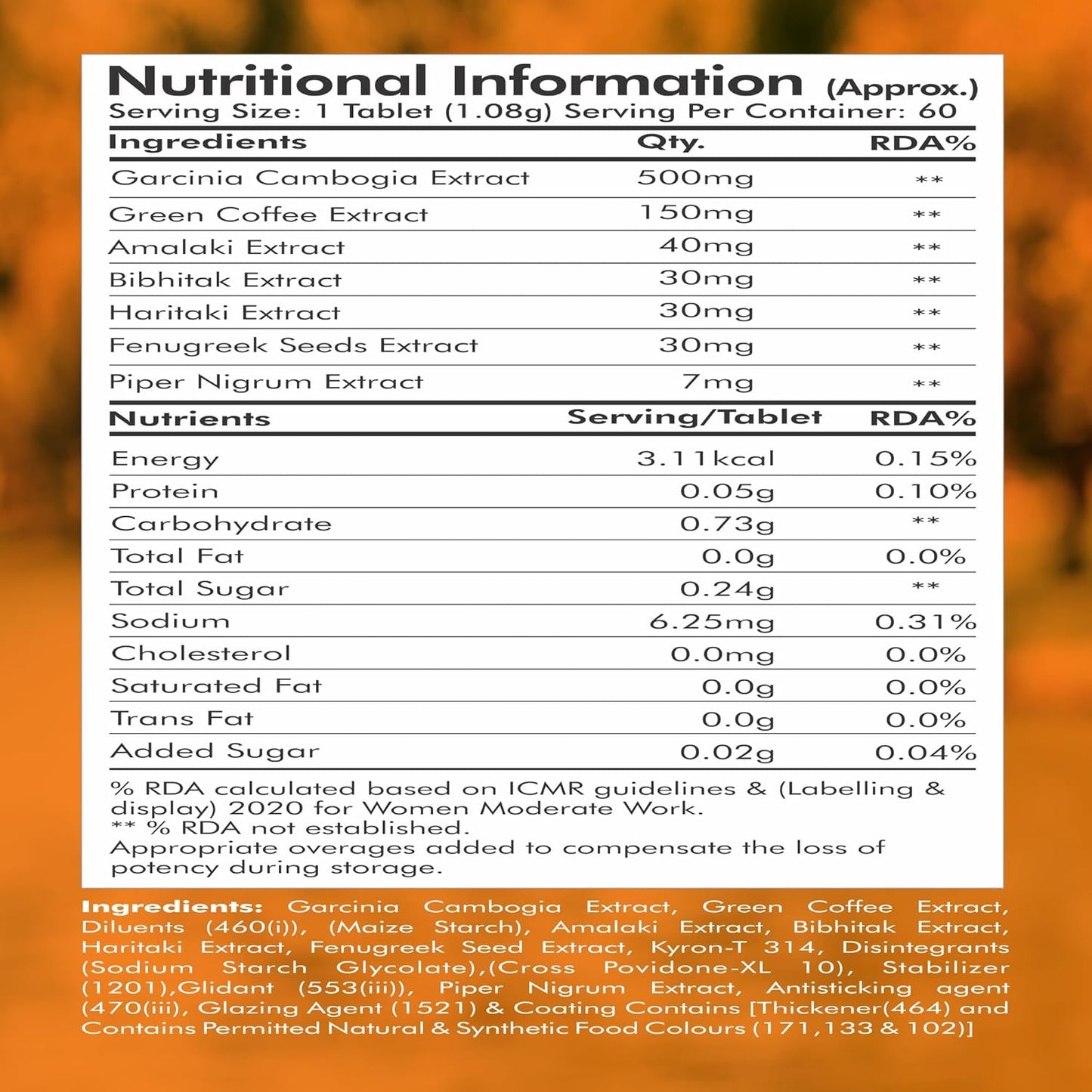 Nutritional information label for a dietary supplement with an orange gradient background