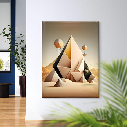 Geometric Pyramid Canvas Wall Art | Abstract Desert Landscape Painting for Living Room, Office, or Bedroom | Modern Beige & Black 3D Illusion Framed Art | Ready to Hang (18 x 24 Inch) CVD-493