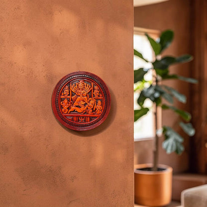 Maa Durga Wall Hanging Terracotta Idol Murti | Sherawali Devi MATA Hand-Painted Spiritual Wall Hanging Art Decor for Home Temple, Mandir, Living & Office Decor | Spiritual Gifts (17x17 CM)
