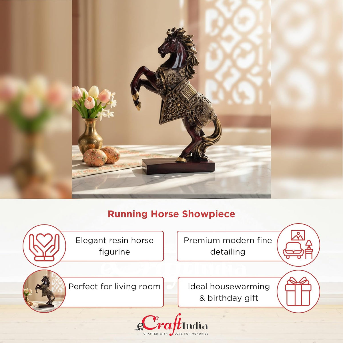 eCraftIndia Resin Running Horse Showpiece for Home Decor Office | Gift for Housewarming Birthday