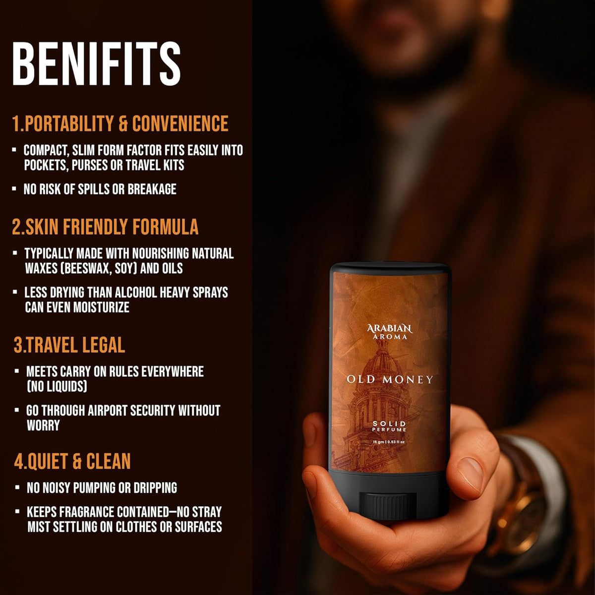 Solid perfume stick with benefits listed on a dark background