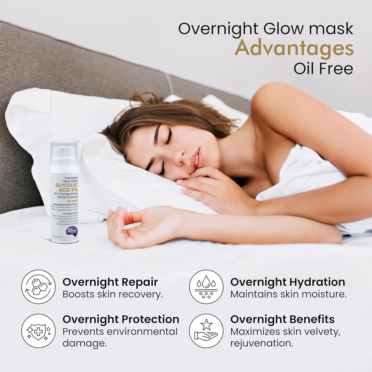 Woman sleeping with an overnight glow mask product and text highlighting its benefits.