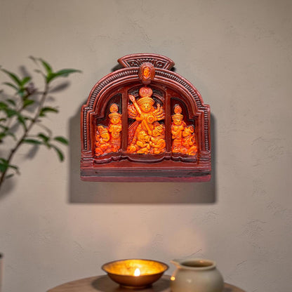 Maa Durga Murti Terracotta Idol | Sherawali Devi MATA Wall Hanging & Table Top Decor | Hand-Painted Durga Idol for Temple, Mandir, Home, Office Decoration & Gifting (12.5x12.5 CM)