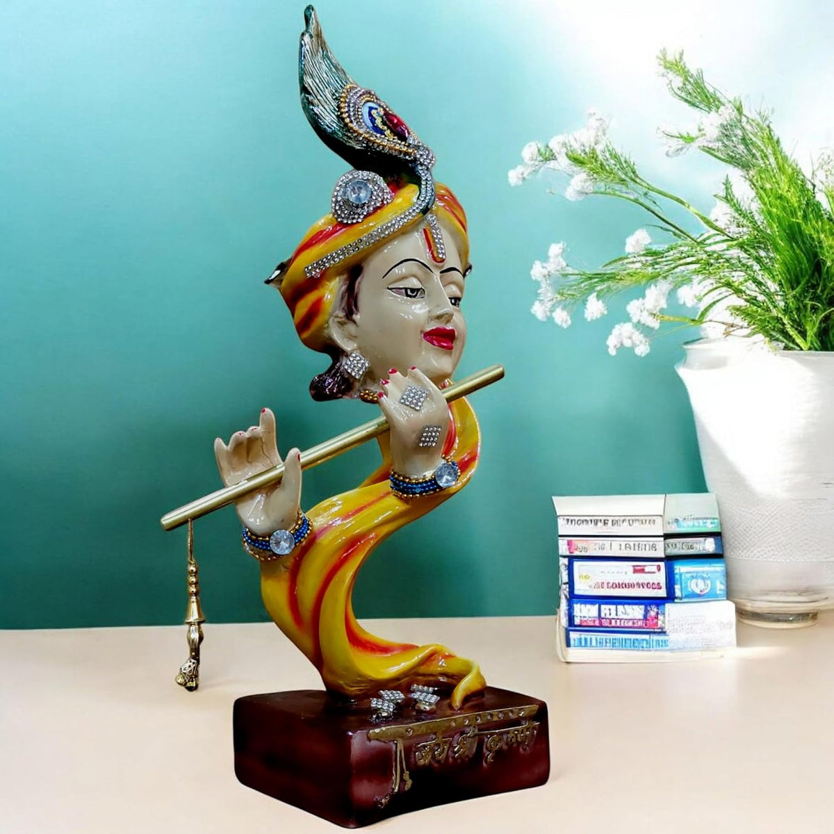 Decorative Krishna Statue with Flute, Resin and Marble, 34.5 cm Height, Religious Home Decor Krishna Showpiece for Home Decor Living Room
