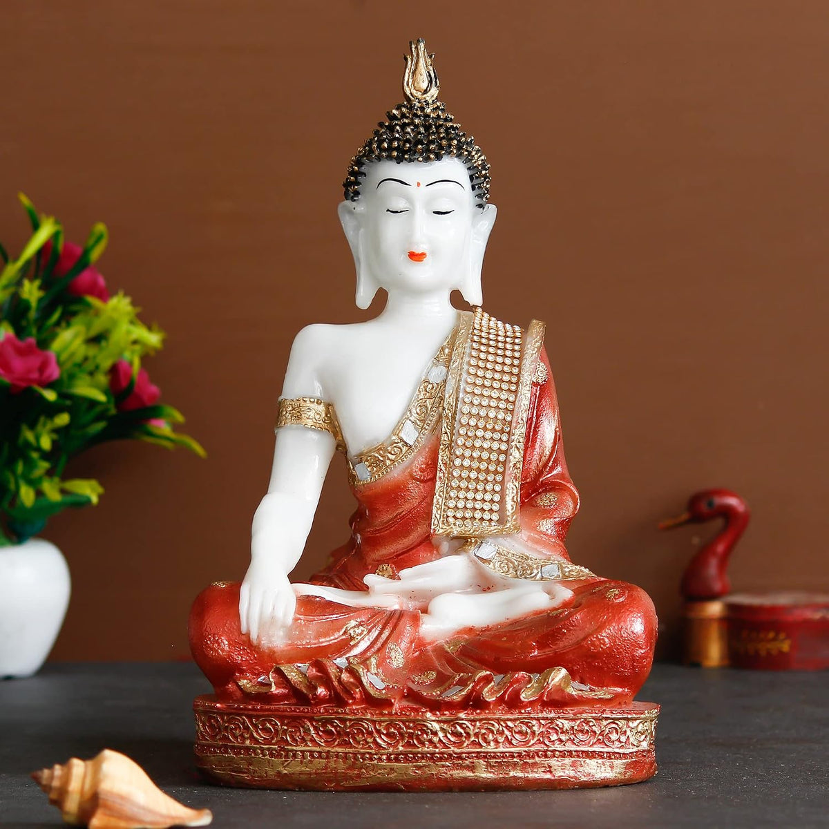 Polyresin Orange & White Meditating Lord Buddha Statue - Serene Inspiring Home Decor Accent Perfect for Meditation Room, Living Space, Yoga Studio, Office - Gift for Housewarmings, Diwali