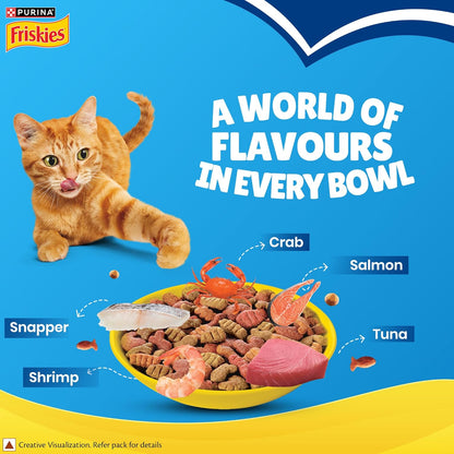 Purina Friskies Seafood Sensations, Dry Food for Adult Cats, 1kg Pack | With Tuna, Salmon, Whitefish, Crab & Shrimp Flavours, 100% Complete & Balanced Nutrition, Omega 3 & 6, Taurine, Calcium