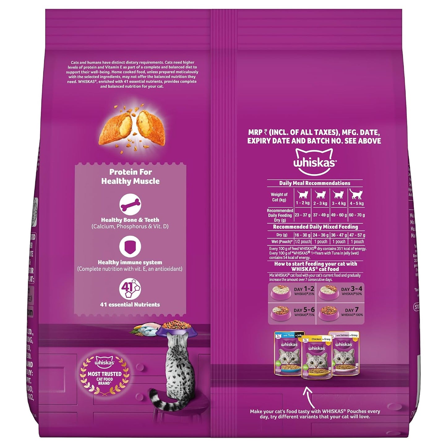 Whiskas Adult (1+ Years) Dry Cat Food, Mackerel Flavour, 480 g, Contains 41 Essential Nutrients, Complete & Balanced Nutrition for Adult Cats