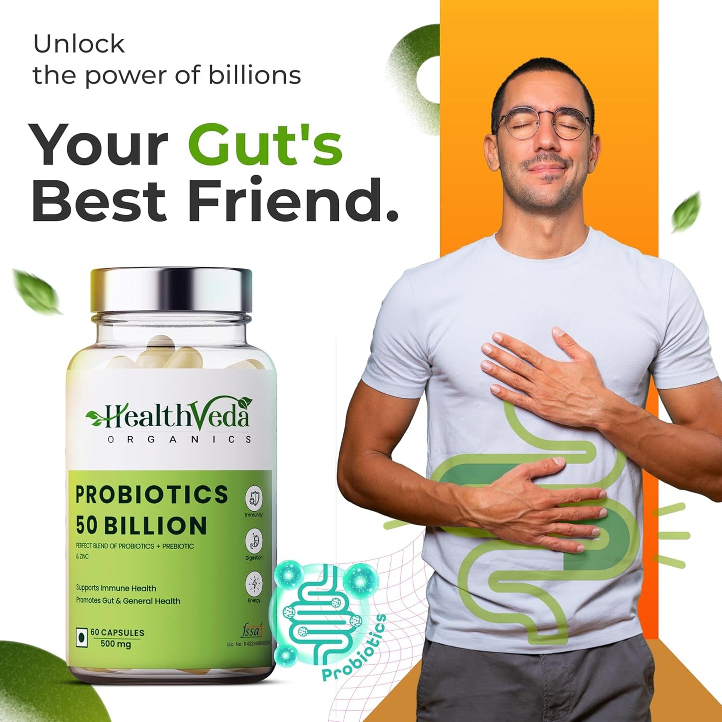 Zephivo HEALTH VEDA ORGANICS PRIVATE LIMITED Probiotics 50 Billion Cfu Multi-Strains With Prebiotic | Good Digestive, Gut Health, Diarrhea, Gas & Bloating Support | Men And Women - 60 Vegetarian Capsules