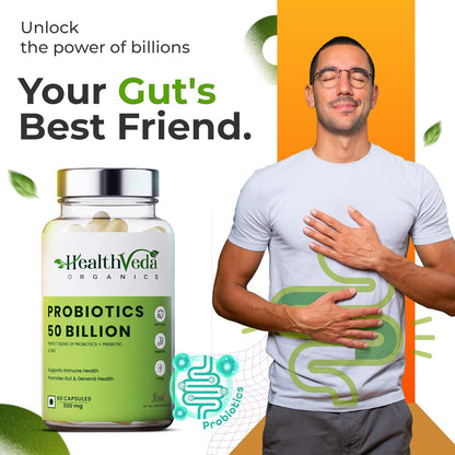 Zephivo HEALTH VEDA ORGANICS PRIVATE LIMITED Probiotics 50 Billion Cfu Multi-Strains With Prebiotic | Good Digestive, Gut Health, Diarrhea, Gas & Bloating Support | Men And Women - 60 Vegetarian Capsules