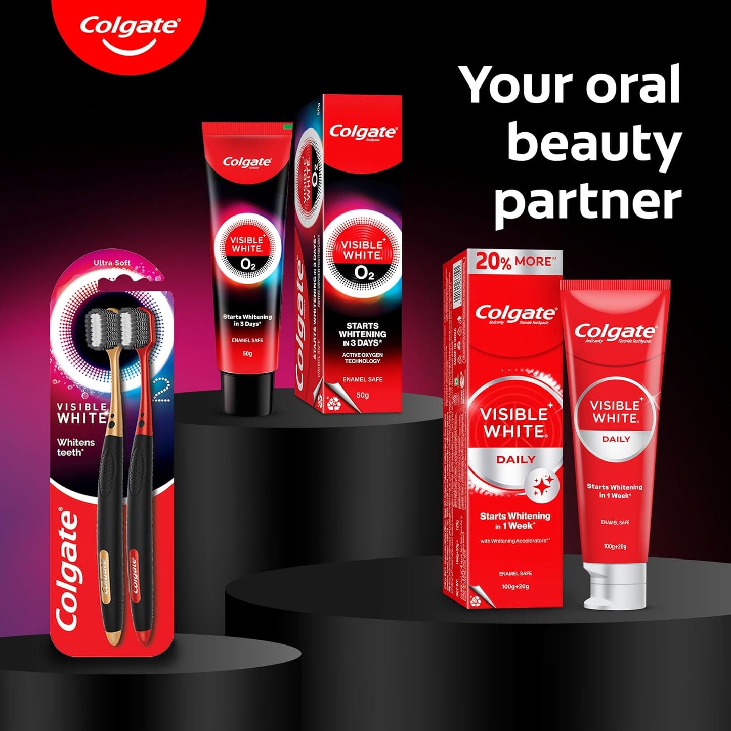Colgate Visible White O2, Teeth Whitening Toothpaste (50g) for noticeably whiter teeth starting in 3 days with Active Technology, Enamel Safe Teeth Whitening & Fresh Breath
