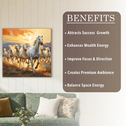 7 White Running Horses Wall Art Painting For Living Room, Abstract Vastu Seven Horses Painting For Wall, Stretched Canvas Decoration item for bedroom, 16x22 Inch