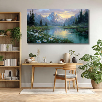 Mountain Landscape Canvas Wall Art Big Size | Nature Painting for Living Room Bedroom | Scenic Lake Premium Home Decor Wall Decoration (40 X 24 INCH, Unframed - LARGE)