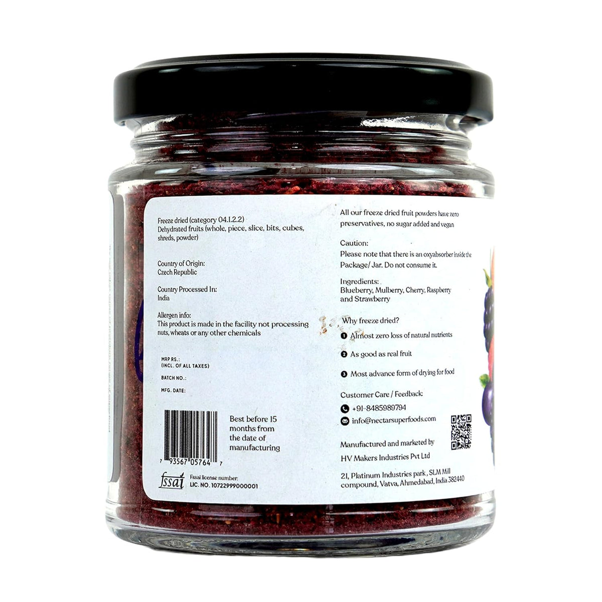 Nectar Superfoods Freeze Dried 6 Berry Powder | 60 grams Jar | 6 Serve | Blueberry, Mulberry, Raspberry, Strawberry, Cherry & Blackberry | No Added Sugar