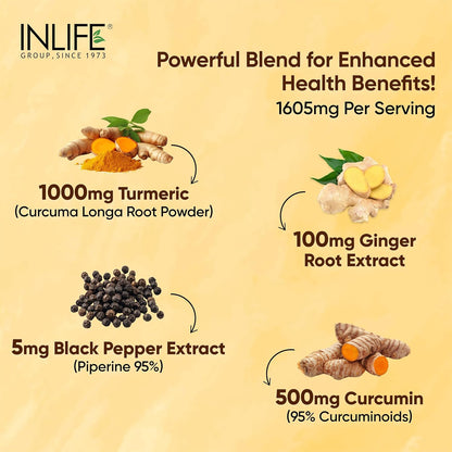 INLIFE Curcumin Tablets with Piperine | 95% Curcuminoids with Curcuma Longa Root Powder | Antioxidant & Anti-inflammatory | Turmeric & Ginger Extract, 1605mg - 60 Tablets (Pack of 1)