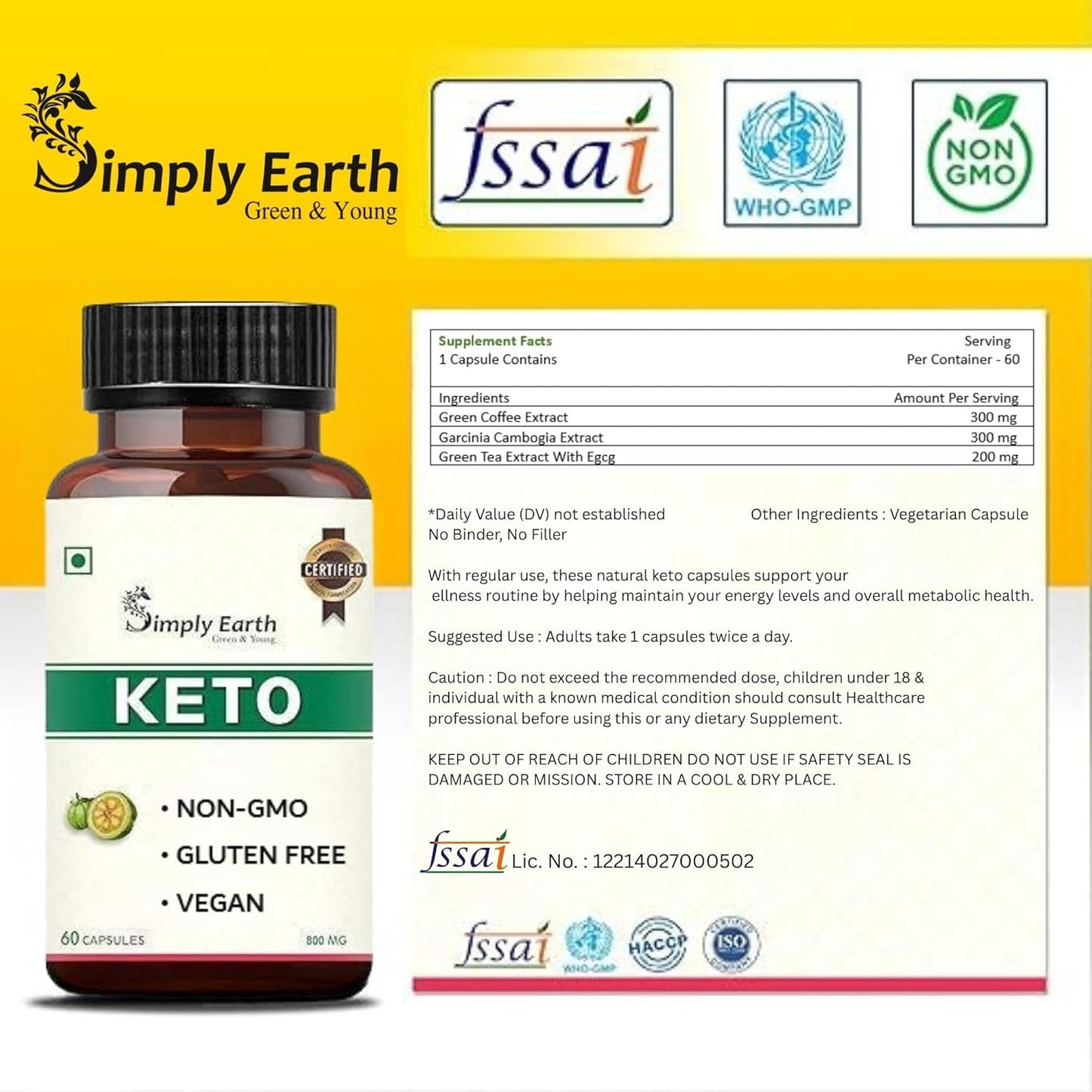 Simply Earth Natural Keto Weight Management Supplement, Belly Fat Burner for Men and Women (Green Coffee + Green Tea + Garcinia Cambogia) - 60 capsules